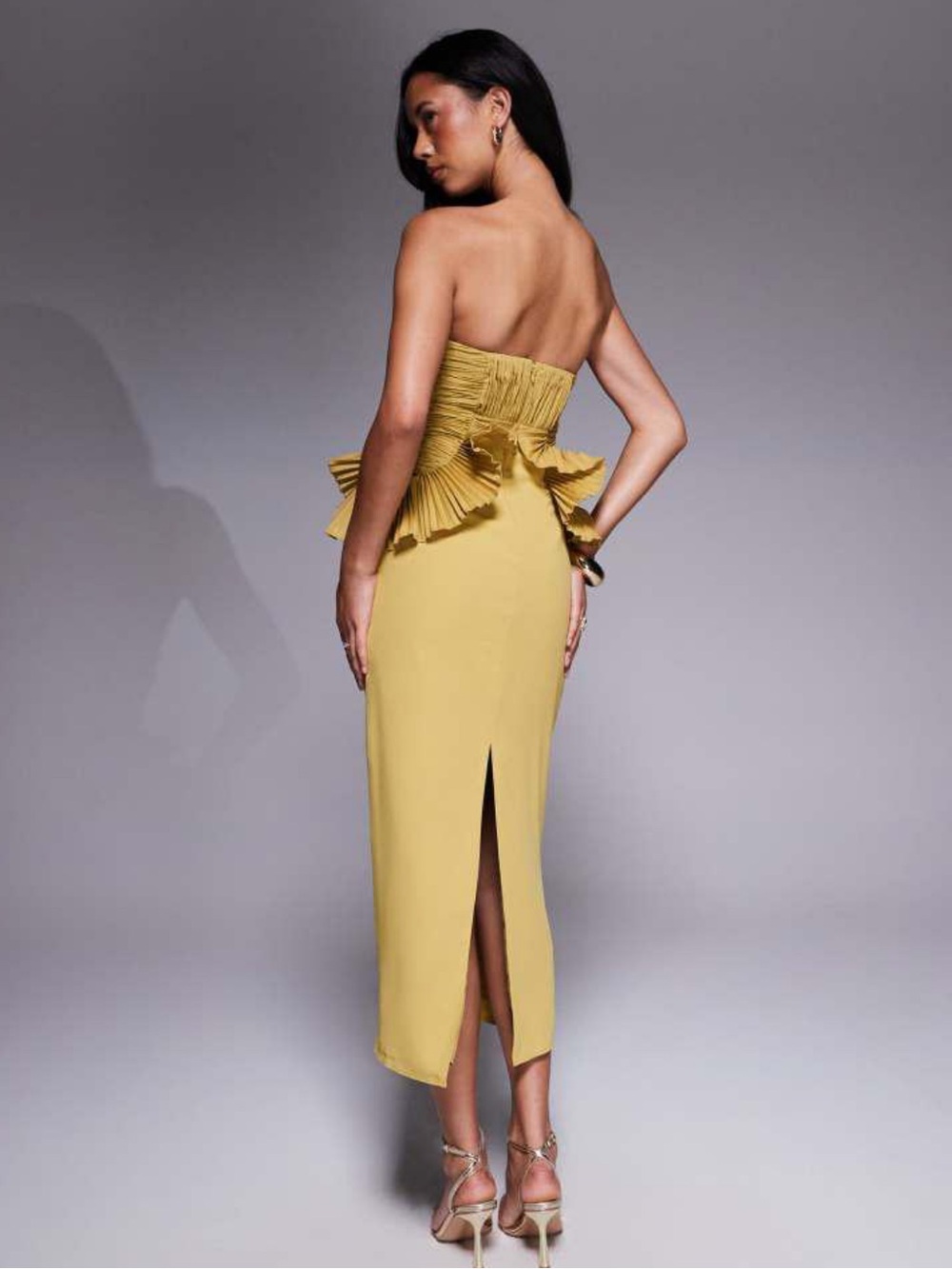 ASOS Mustard Yellow Strapless Ruffle Midi Dress - Picture 3 of 7